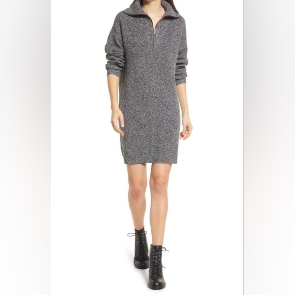 Madewell Long Sleeve Half Zip Merino Wool Blend Sweater Dress in Marled Black